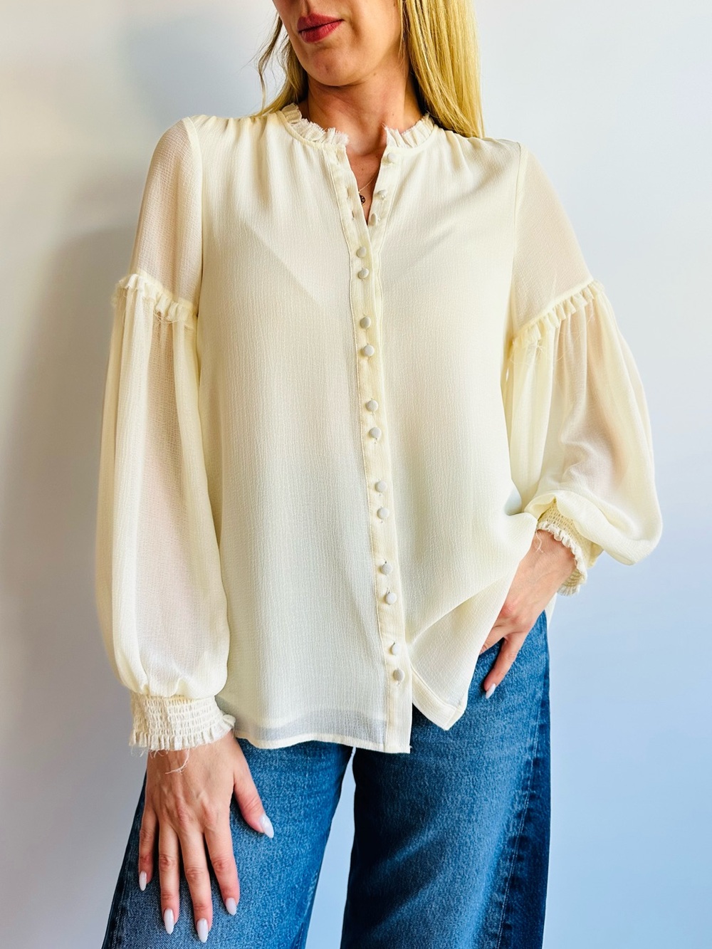 Show Me Your Mumu Ivory Ruffle Button Front Long Sleeve Boho Peasant Blouse Top